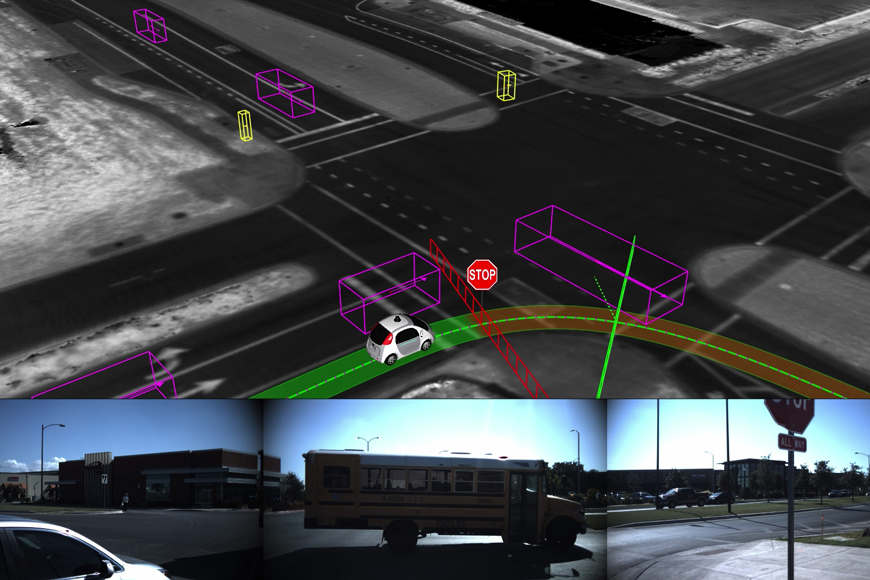 B&W view of a street as a driverless car sees it, with wireframes around object