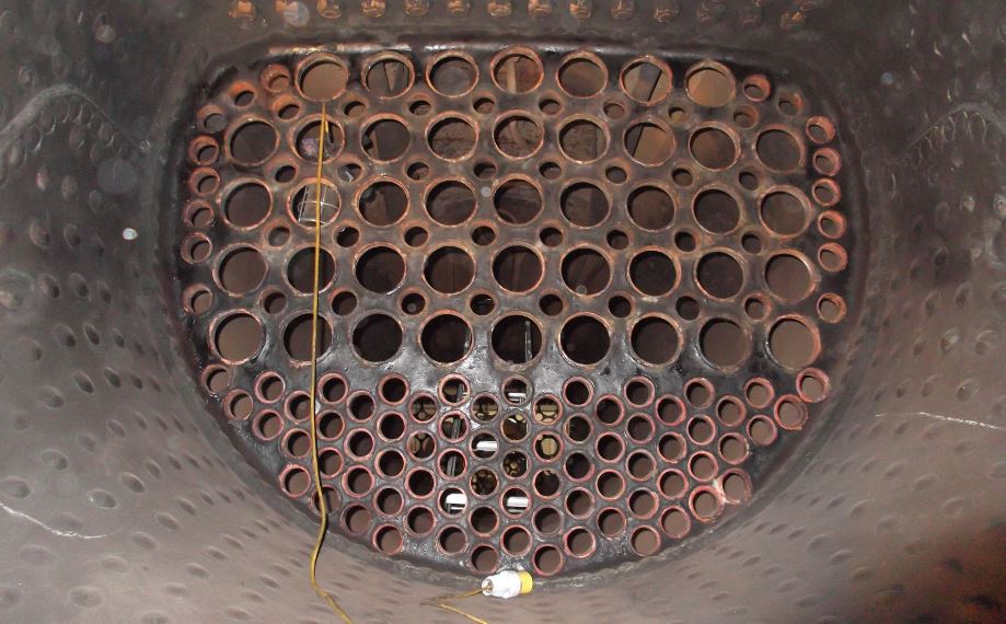 The empty firebox tube plate from inside the firebox