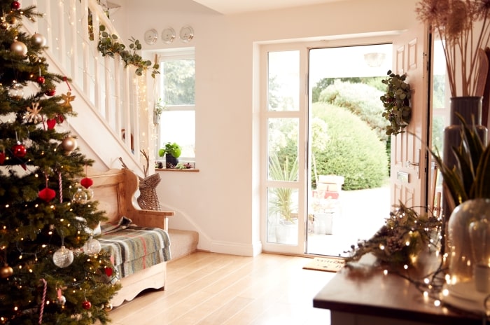 Entryway decorated for Christmas.